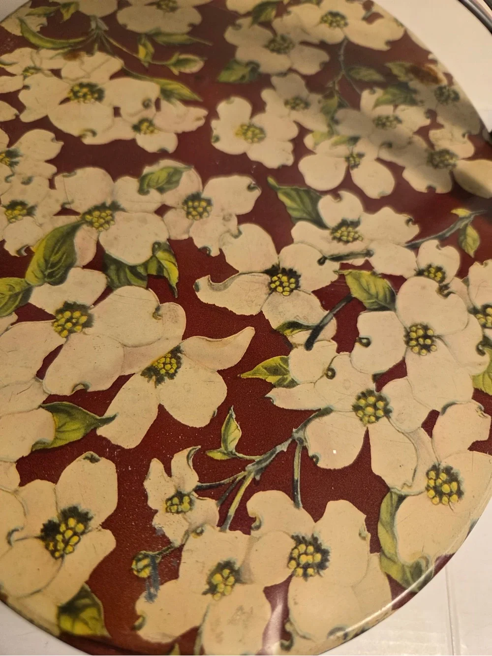 Vintage Dogwood Flower Metal Tin With Handles White Brown Sewing Basket